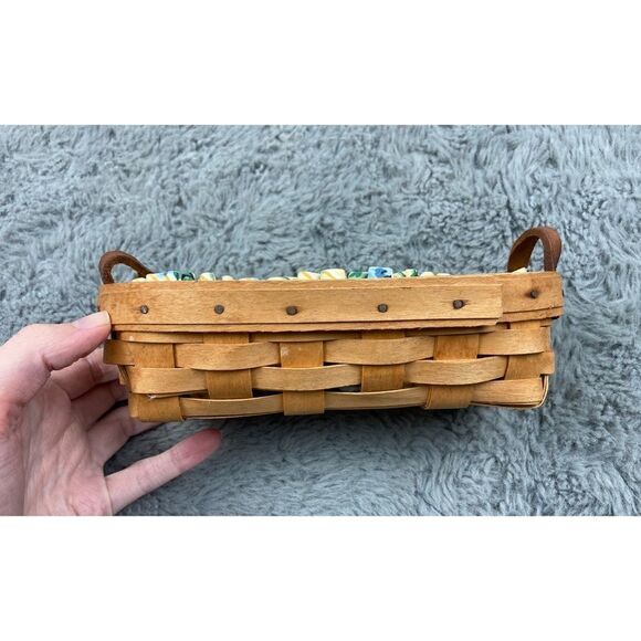 Longaberger 1996 Small Oval cracker Basket Leather Handle Floral Liner - Picture 2 of 6